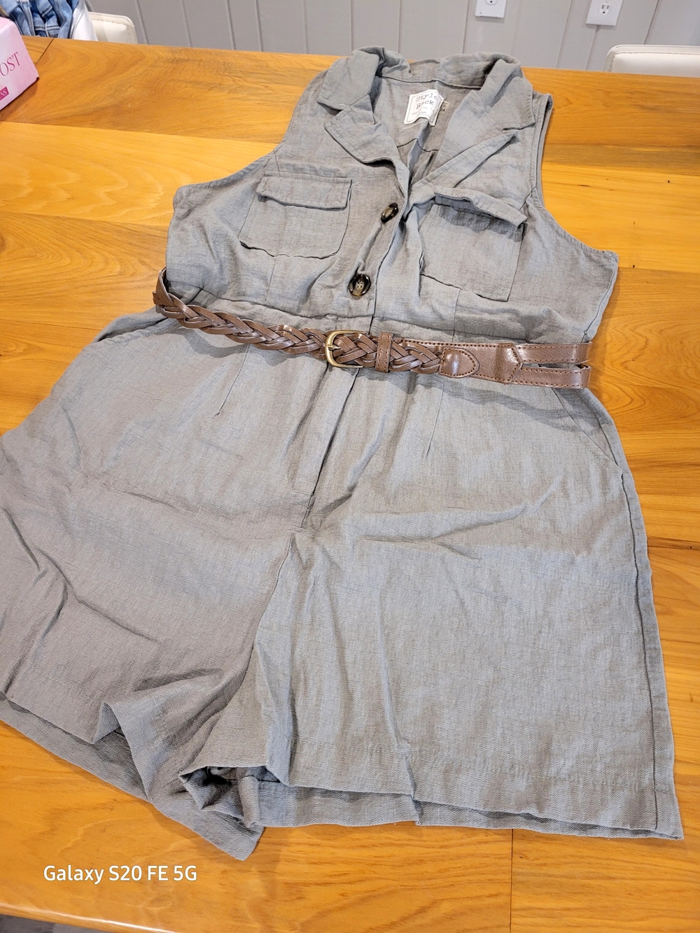 Style Rack Gray Sleeveless Romper with Braided Brown Belt
